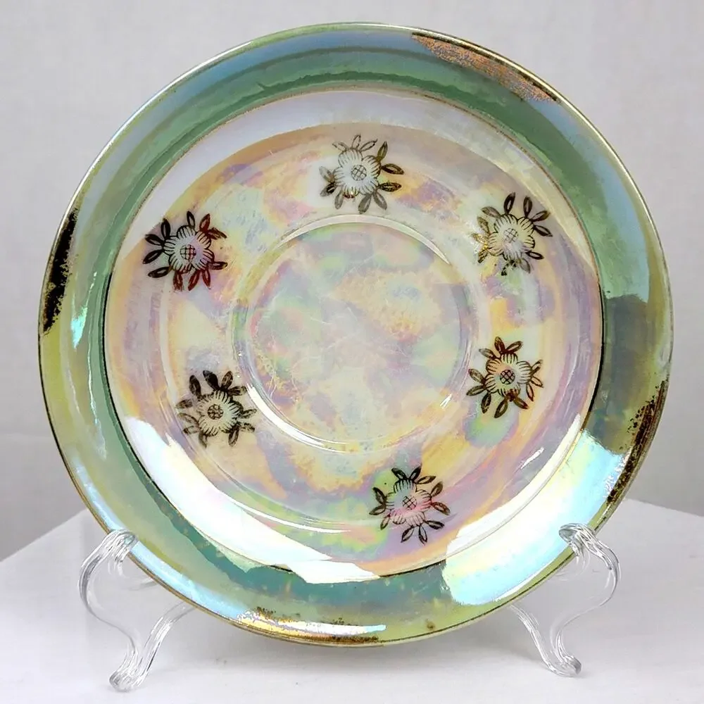 Vintage Lusterware Plate From Japan Mother of Pearl Glaze Gold Floral  40s 50s